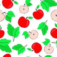 Seamless repeating pattern with apples. Red apples with leaves, whole and halves. Bright continuous background with fruits for textile packaging design. Vector, food. vector