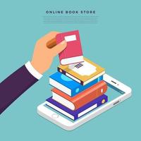 Picking a book from a computer screen. Online book store vector