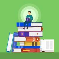 Man sits on a pile of books and reads vector