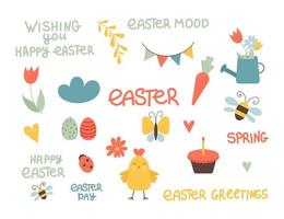 Set of cute Easter cartoon characters and design elements. Easter lettering, chicken, eggs and flowers. Vector illustration.