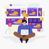 Illustration flat design concept, web or application designer sitting working with laptop vector