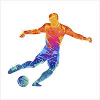 Abstract professional soccer player quick shooting a ball from splash of watercolors. Vector illustration of paints