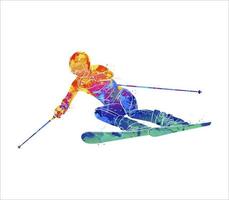 Abstract skiing. Descent giant slalom skier from splash of watercolors. Winter sports. Vector illustration of paints