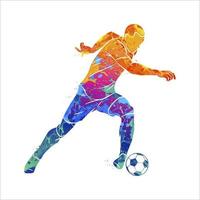 Abstract soccer player running with the ball from splash of watercolors. Vector illustration of paints