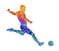 Abstract professional soccer player quick shooting a ball from splash of watercolors. Vector illustration of paints