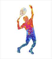 Abstract tennis player with a racket from splash of watercolors. Vector illustration of paints