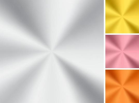 Set of golden, silver, pink gold and copper radial gradient metallic isolated on white background.