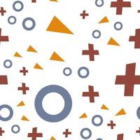 Flat vector texture of geometric colorful shapes. Geometric figures pattern in modern hipster style. Abstract background with blue circles, brown crosses and orange triangles