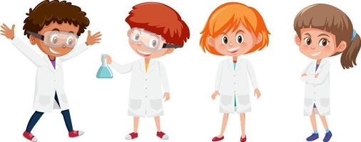 Conjunto de diferentes niños con bata blanca de laboratorio. vector