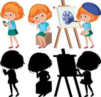 conjunto de un personaje de dibujos animados de niña haciendo diferentes actividades con su silueta vector