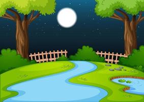 Empty park scene with many trees and river at night vector