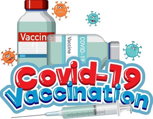 Covid-19 Vaccination font with a boy holding vaccine bottle and syringe