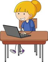 Cute girl using laptop doodle cartoon character vector