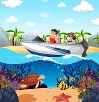 Undersea and the beach scene with speedboat vector