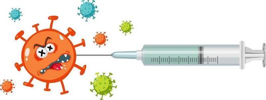 Jeringa de vacuna con coronavirus aislado sobre fondo blanco.