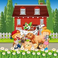 Outdoor house scene with many children playing with their dogs vector