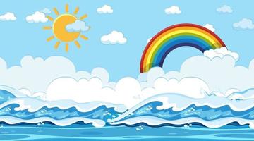 paisaje de playa en la escena diurna con arco iris en el cielo vector