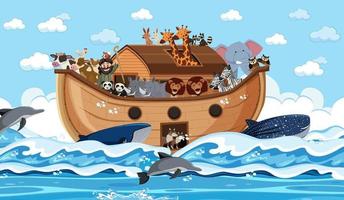 Animals on Noah's ark floating in the ocean scene vector