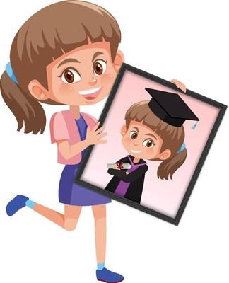 Cartoon character of a girl holding her graduation portrait photo