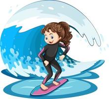 Girl standing on a surfboard with water wave vector