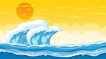 Beach landscape at sunset scene with ocean wave vector