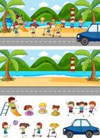 Conjunto de fondo de diferentes escenas horizontales con personaje de dibujos animados de niños doodle vector