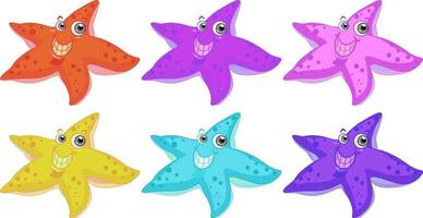 Set of many smiling starfish cartoon character isolated on white background