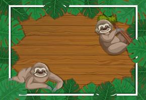 Empty banner with tropical leaves frame and sloth cartoon character vector