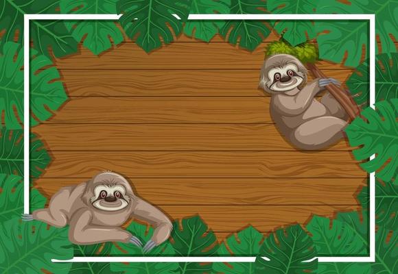 Empty banner with tropical leaves frame and sloth cartoon character