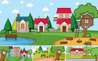 Set of different outdoor house scenes cartoon style vector