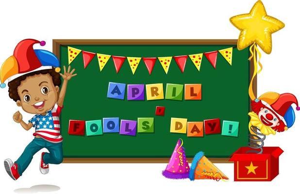 April Fool's Day font logo on chalkboard with a boy wearing jester hat