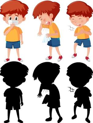 Set of a boy cartoon character in different positions with its silhouette