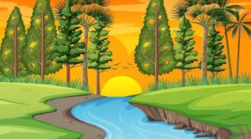 River through the forest scene at sunset time vector