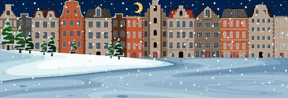 Snow falling horizontal scene at night with suburban buildings background vector