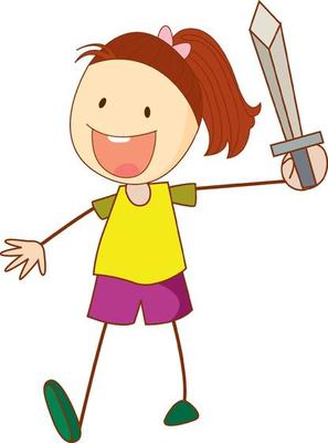 A doodle kid holding a sword cartoon character isolated