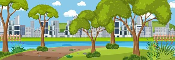 City park horizontal scene with cityscape background at day time vector