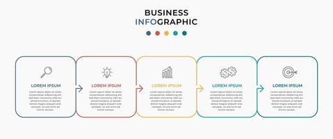 Plantilla mínima de infografías de negocios. línea de tiempo con 5 pasos, opciones e iconos de marketing. Infografía lineal de vector con dos elementos conectados en círculo. se puede utilizar para presentaciones