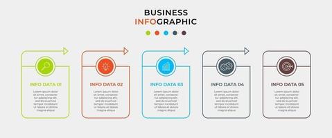 Plantilla mínima de infografías de negocios. línea de tiempo con 5 pasos, opciones e iconos de marketing. Infografía lineal de vector con dos elementos conectados en círculo. se puede utilizar para presentaciones