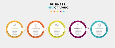 Plantilla mínima de infografías de negocios. línea de tiempo con 5 pasos, opciones e iconos de marketing. Infografía lineal de vector con dos elementos conectados en círculo. se puede utilizar para presentaciones