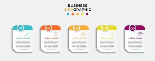 Plantilla mínima de infografías de negocios. línea de tiempo con 5 pasos, opciones e iconos de marketing. Infografía lineal de vector con dos elementos conectados en círculo. se puede utilizar para presentaciones