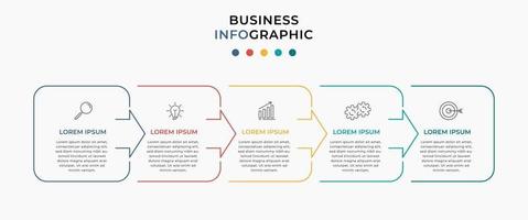 Plantilla mínima de infografías de negocios. línea de tiempo con 5 pasos, opciones e iconos de marketing. Infografía lineal de vector con dos elementos conectados en círculo. se puede utilizar para presentaciones