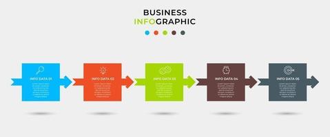 Plantilla mínima de infografías de negocios. línea de tiempo con 5 pasos, opciones e iconos de marketing. Infografía lineal de vector con dos elementos conectados en círculo. se puede utilizar para presentaciones