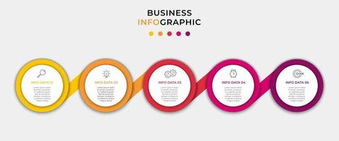 Plantilla mínima de infografías de negocios. línea de tiempo con 5 pasos, opciones e iconos de marketing. Infografía lineal de vector con dos elementos conectados en círculo. se puede utilizar para presentaciones