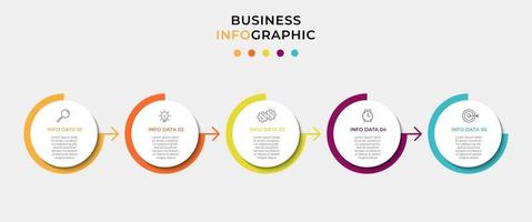 Plantilla mínima de infografías de negocios. línea de tiempo con 5 pasos, opciones e iconos de marketing. Infografía lineal de vector con dos elementos conectados en círculo. se puede utilizar para presentaciones