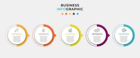 Plantilla mínima de infografías de negocios. línea de tiempo con 5 pasos, opciones e iconos de marketing. Infografía lineal de vector con dos elementos conectados en círculo. se puede utilizar para presentaciones