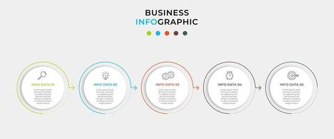 Plantilla mínima de infografías de negocios. línea de tiempo con 5 pasos, opciones e iconos de marketing. Infografía lineal de vector con dos elementos conectados en círculo. se puede utilizar para presentaciones