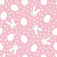 Seamless pattern with cute rabbit muzzles, flat handdrawn style. Surface design with little bunnies and Easter eggs. Kittens pretty heads and painted eggs. Vector illustration