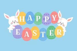 Easter background vector illustration, cute flat cartoon style. Baby rabbits with decorated eggs. Bunny holding ornated eggs with Happy Easter heading. White kitten muzzles and eggs.