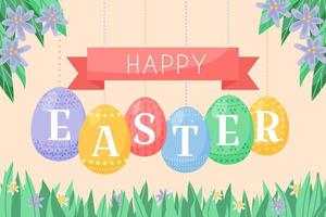 Easter background vector illustration, cute flat cartoon style. Decorated eggs hanging on cords and chains. Happy Easter heading, fresh spring grass and lush foliage with flowers.