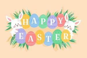 Easter background vector illustration, cute flat cartoon style. Baby rabbits with decorated eggs. Bunny holding ornated eggs with Happy Easter heading. White kitten muzzles and eggs among fresh grass.